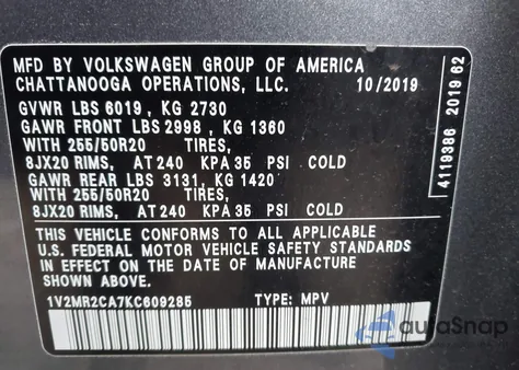 2019 Volkswagen Atlas 3.6L V6 Sel from USA, damaged, VIN 1V2MR2CA7KC609285